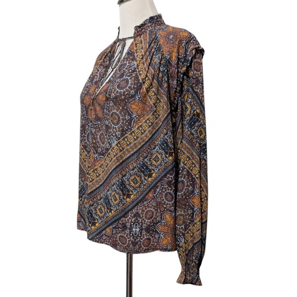 Free People Womens Size XS Little Runaway Brown Geometric Medallion Ruffle Top - Picture 2 of 10